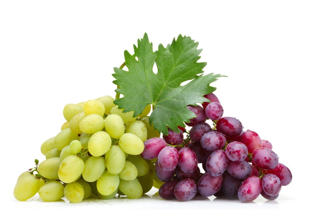 fresh rose and green grapes with leaf